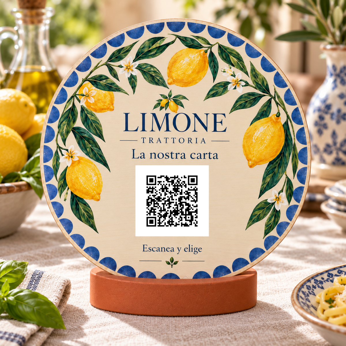 Simulated view of Mediterranean QR menu sign with stand · detail view