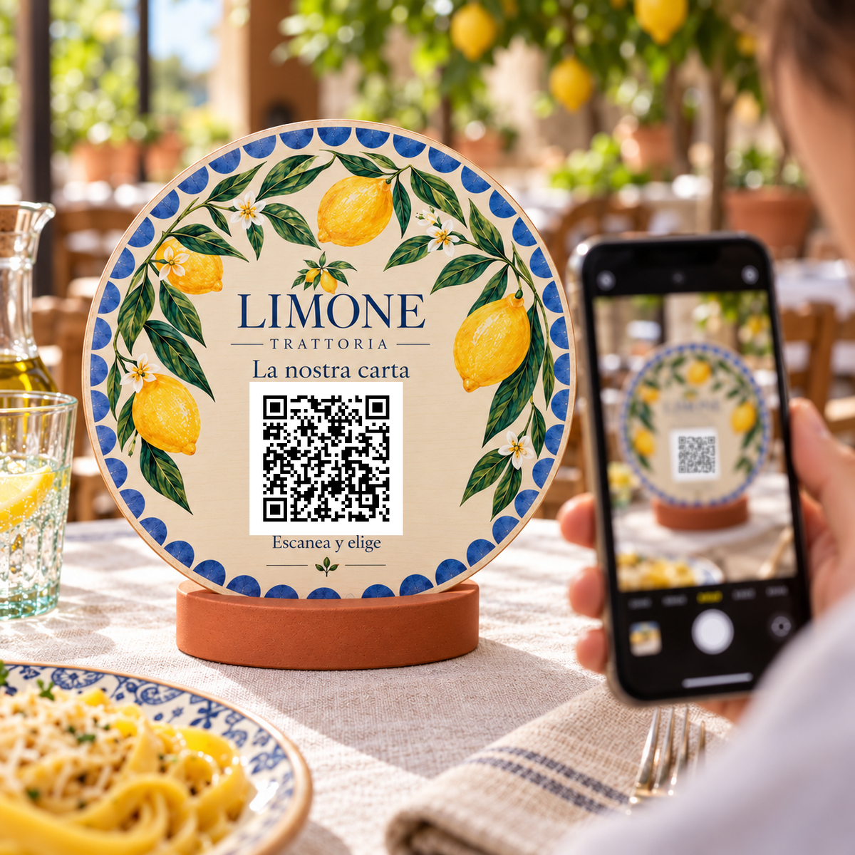 Simulated view of Mediterranean QR menu sign with stand · in use