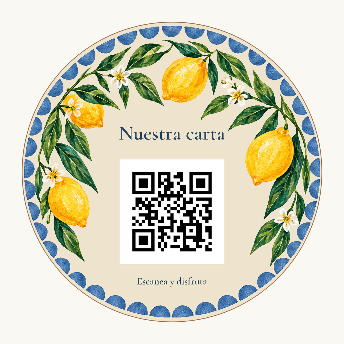 Simulated view of Mediterranean QR menu sign with stand · example 1
