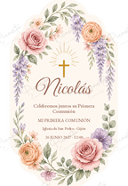 Invitación de Primera Comunión Rosetón botánico · Nicolás