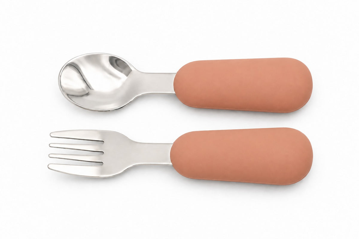 BLW baby cutlery, silicone spoon and fork in clay