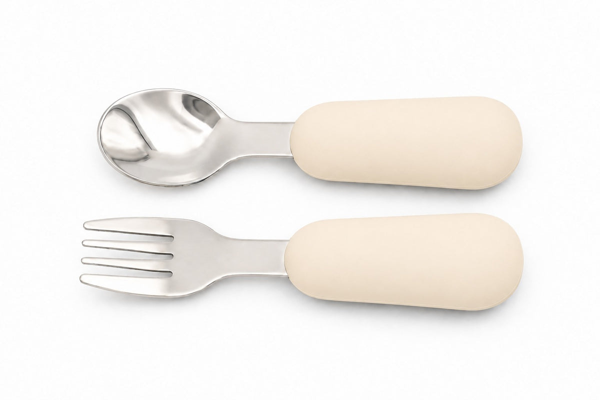 BLW baby cutlery, silicone spoon and fork in cream