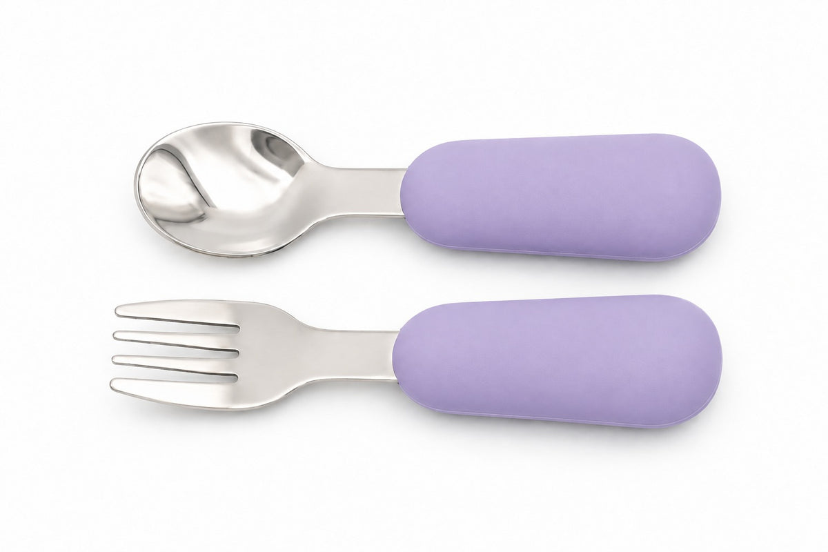 BLW baby cutlery, silicone spoon and fork in lilac