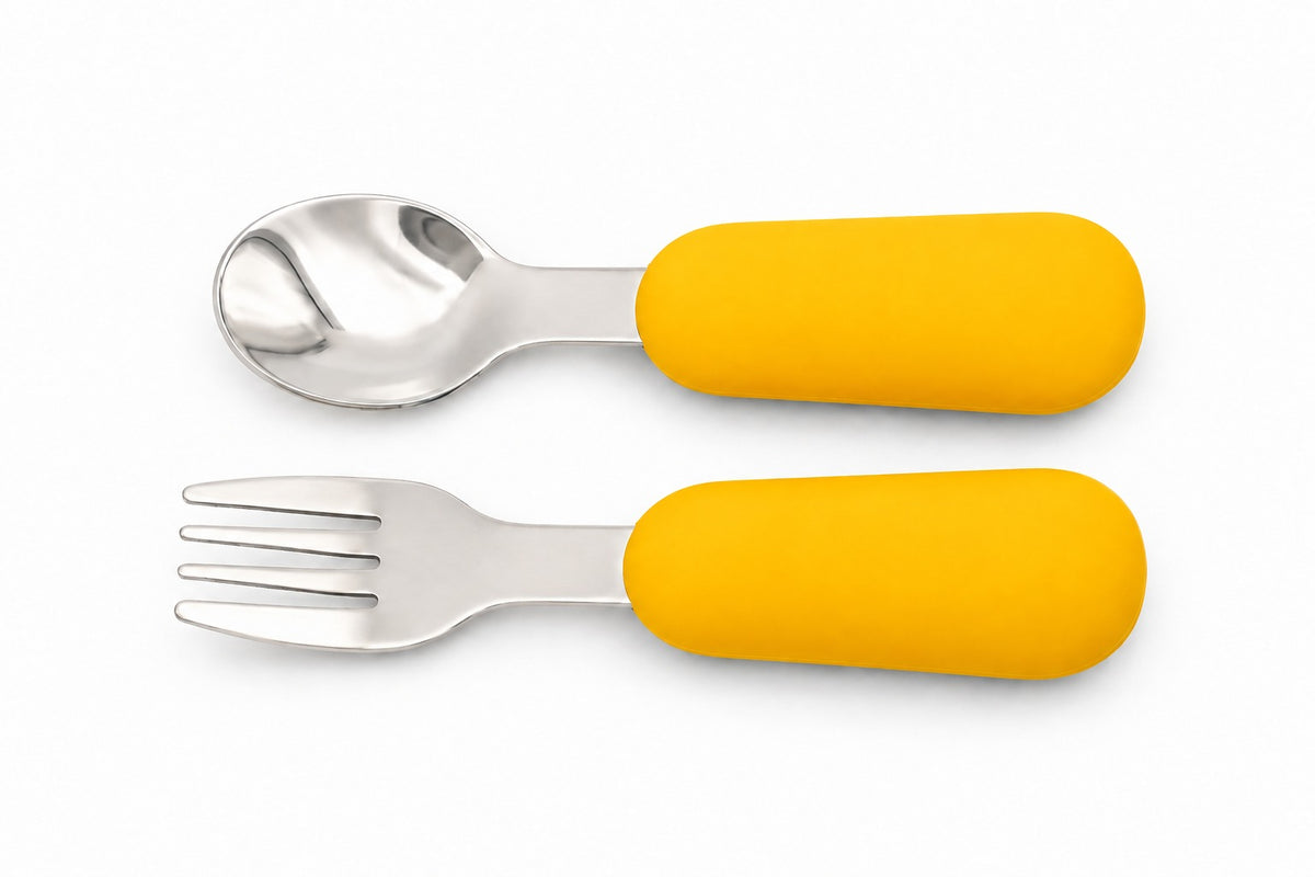 BLW baby cutlery, silicone spoon and fork in mango
