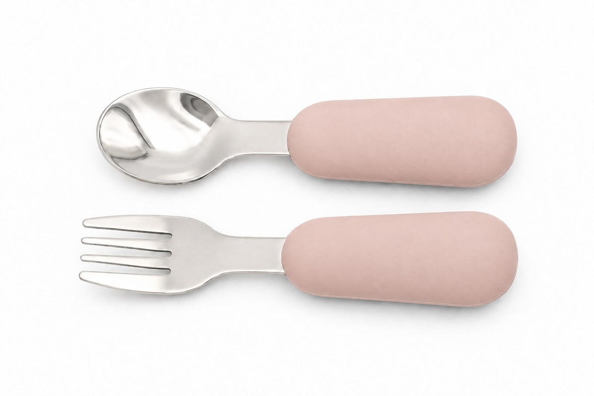 BLW baby cutlery, silicone spoon and fork in light pink