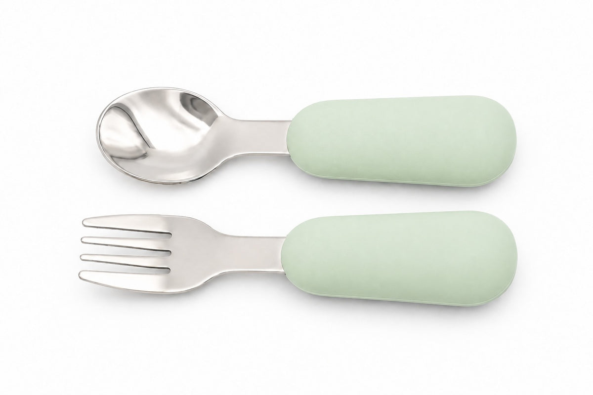 BLW baby cutlery, silicone spoon and fork in light green