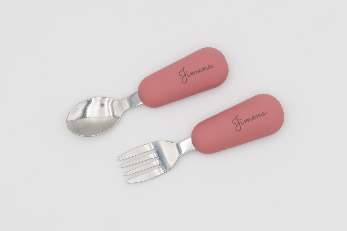 Pink baby cutlery set with the name Jimena