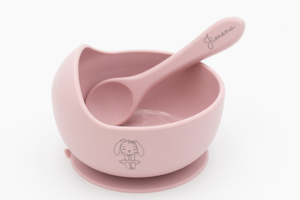 Pink bowl with a picture and spoon with a name