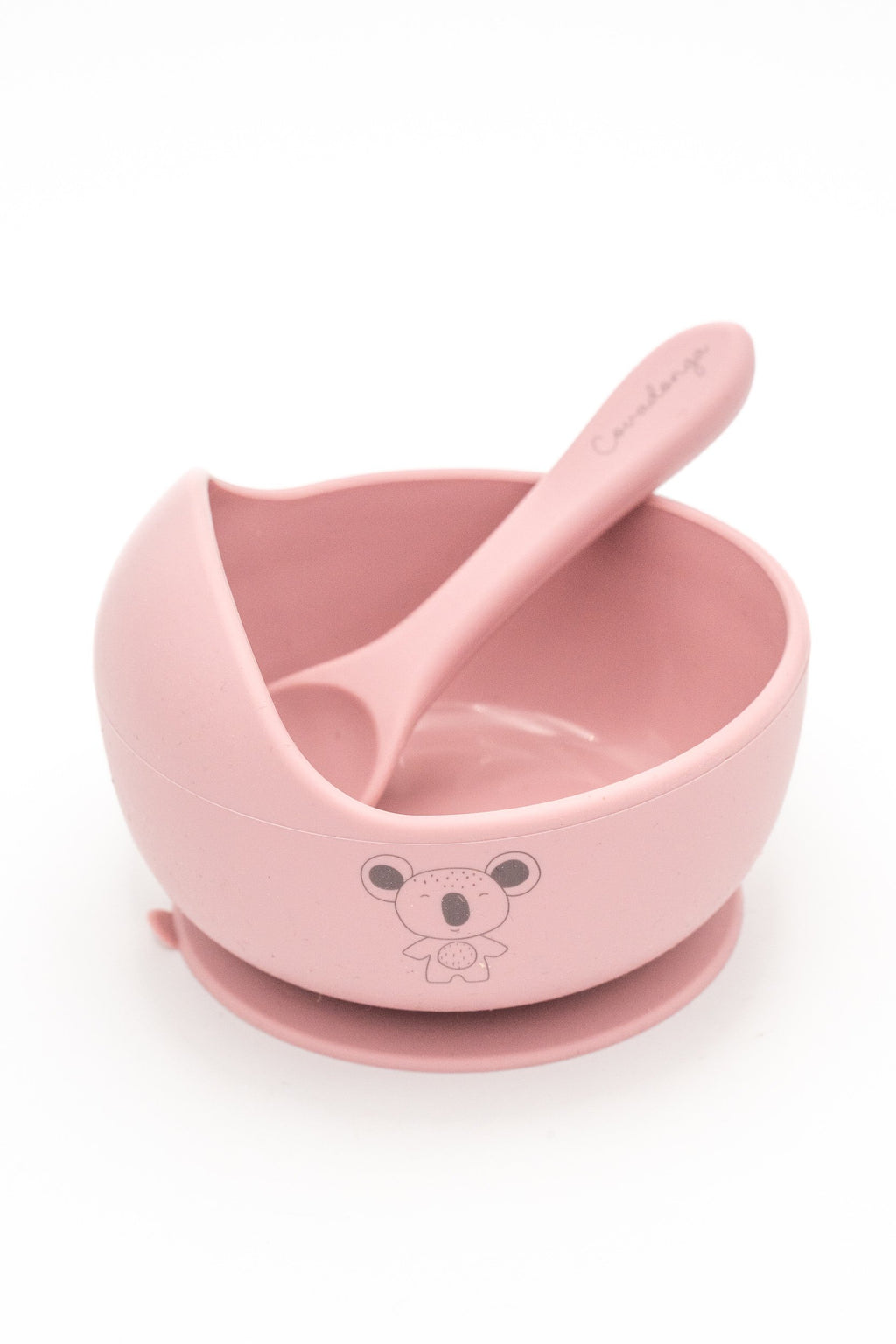 Light pink bowl with a koala and spoon with a name