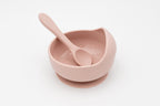 Light pink bowl with suction base and silicone spoon