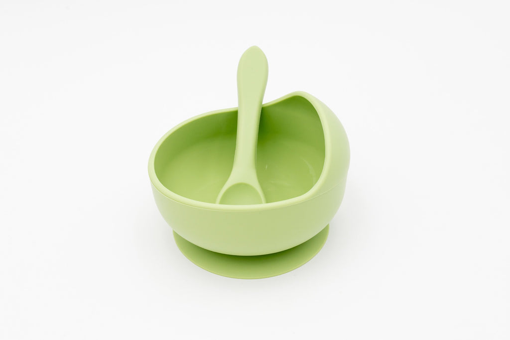 Green silicone bowl with suction base and matching spoon