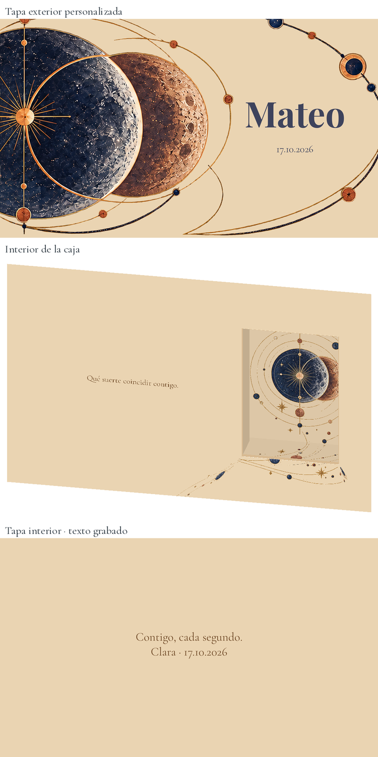 Digital preview: Personalised watch box for the groom — Eclipse. 24 × 16 cm wooden box; watch not included.