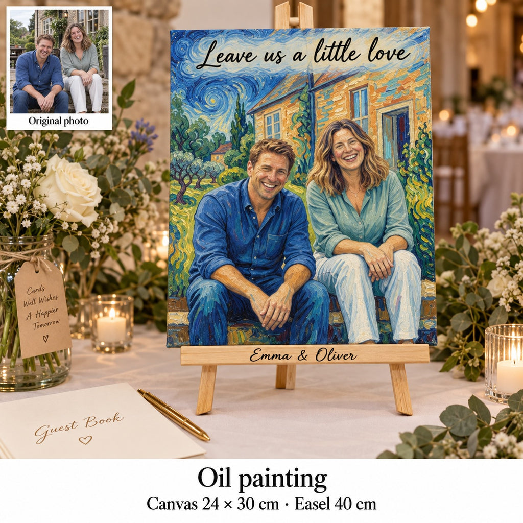 24 × 30 cm canvas with an oil-painting-style portrait and “Leave us a little love”, on an easel beside the wedding guest book.