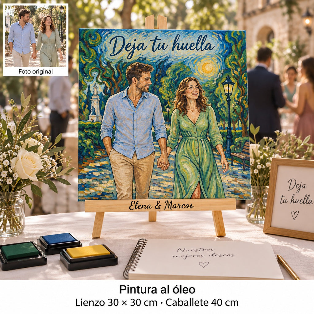 30 × 30 cm wedding canvas with an oil-painting-style portrait and “Deja tu huella”, beside a fingerprint print and ink pads.