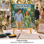 30 × 30 cm wedding canvas with an oil-painting-style portrait and “Deja tu huella”, beside a fingerprint print and ink pads.