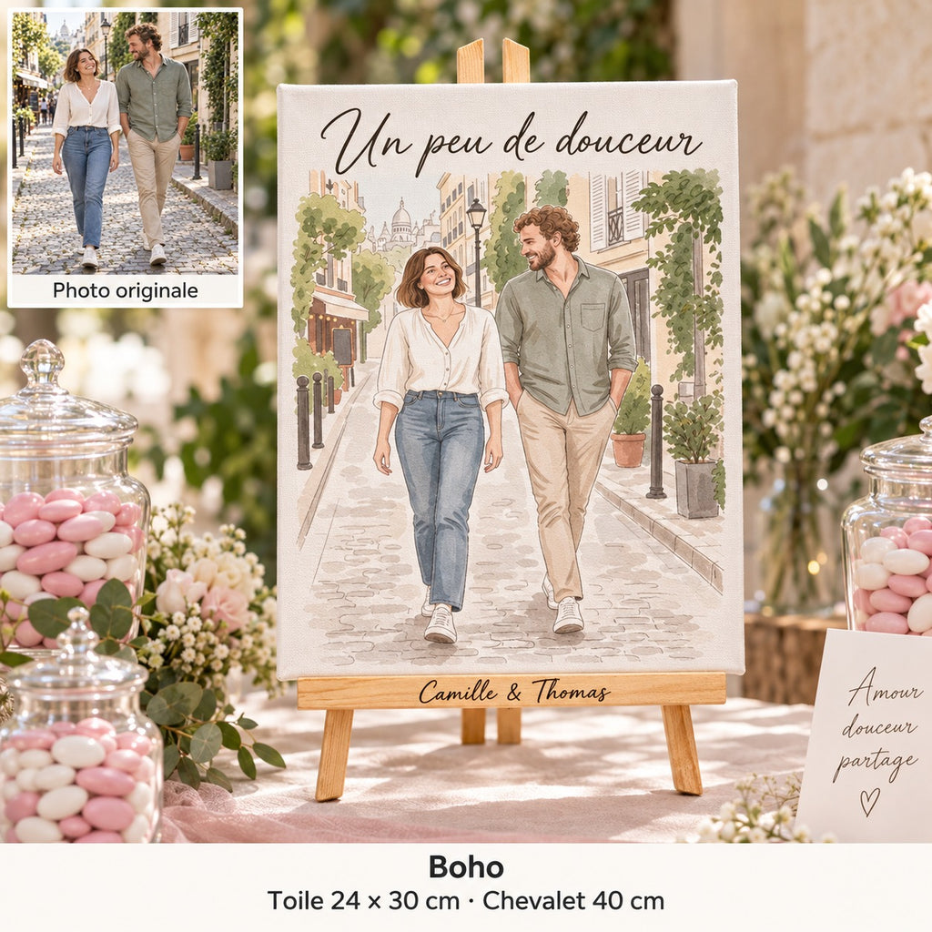 24 × 30 cm canvas with a boho-style portrait and “Un peu de douceur”, on an easel on a wedding sweet table.