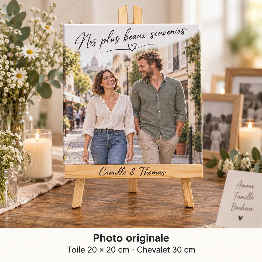 20 × 20 cm canvas with Camille and Thomas’s pre-wedding photo and “Nos plus beaux souvenirs”, in a wedding memories corner.