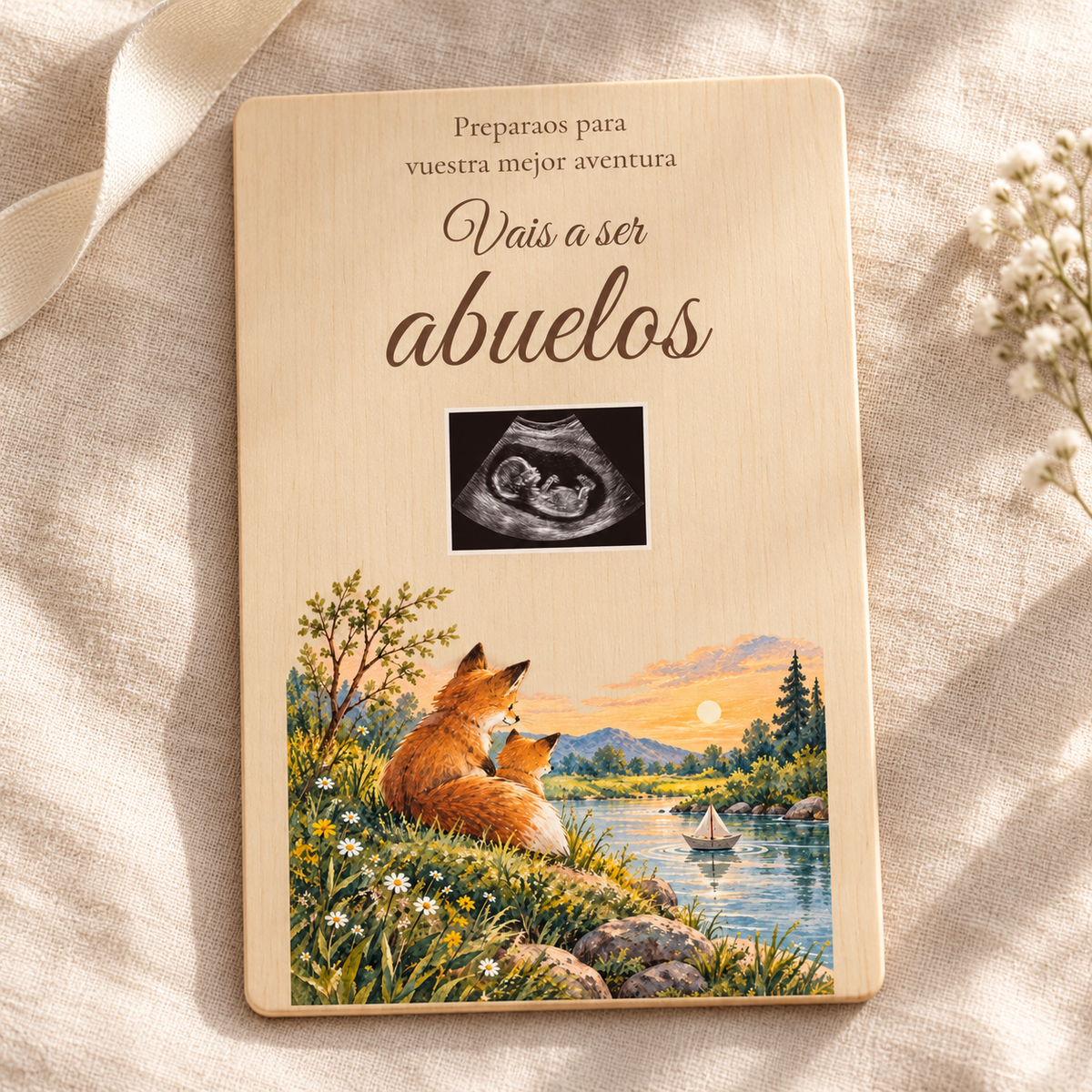 Photographic simulation of the Adventure pregnancy announcement plaque, with fox illustrations and a sample ultrasound image.