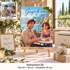 30 × 40 cm canvas with a 3D animation portrait and “Grazie di cuore”, on a personalised easel on the wedding gift table.
