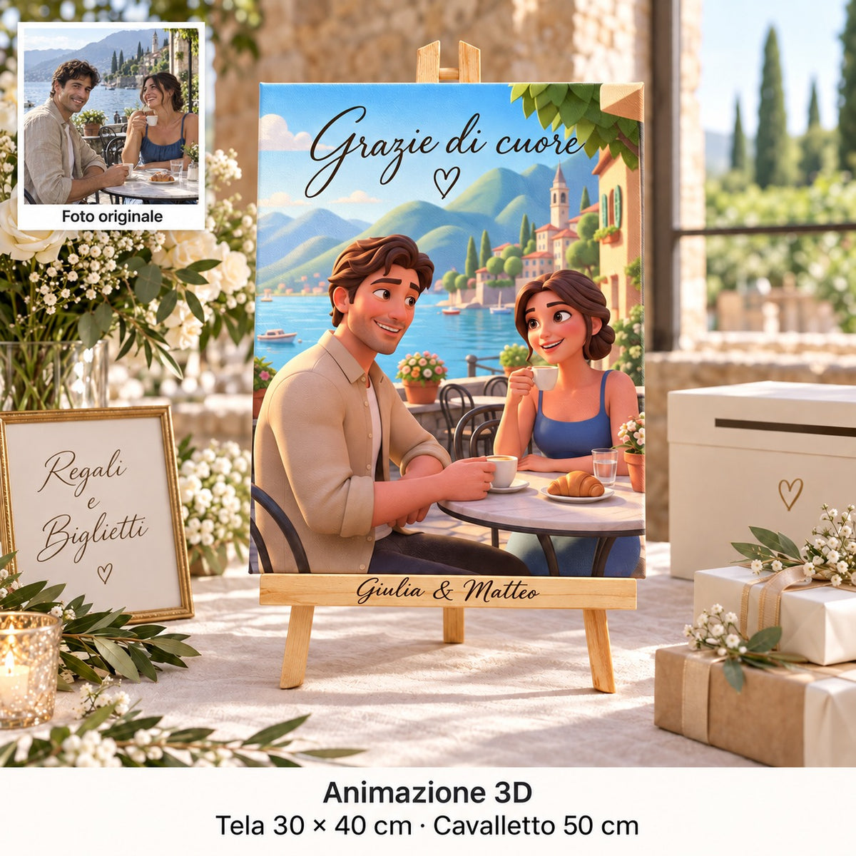 30 × 40 cm canvas with a 3D animation portrait and “Grazie di cuore”, on a personalised easel on the wedding gift table.