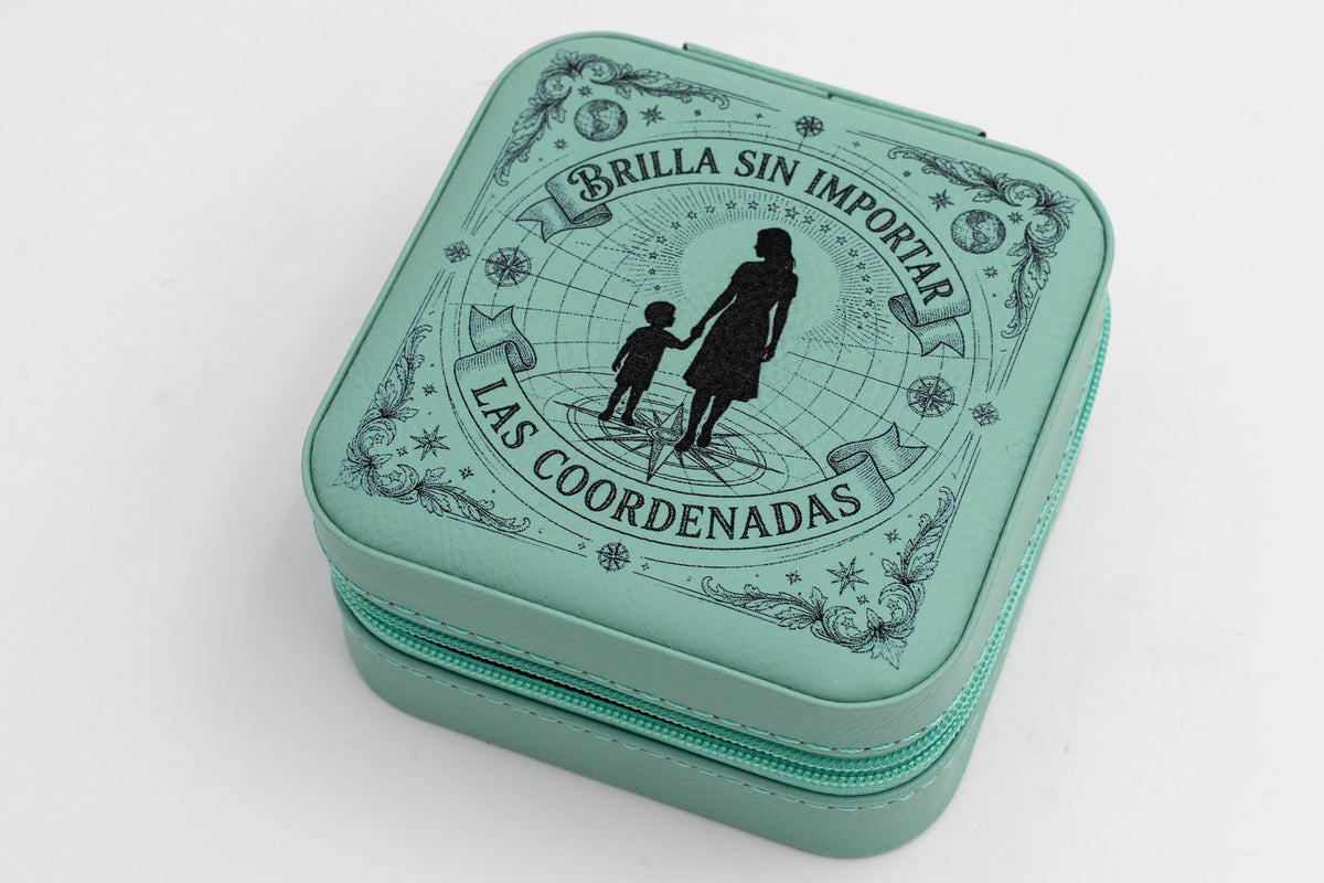 Joyero de viaje cuadrado color turquesa con diseño grabado a láser
