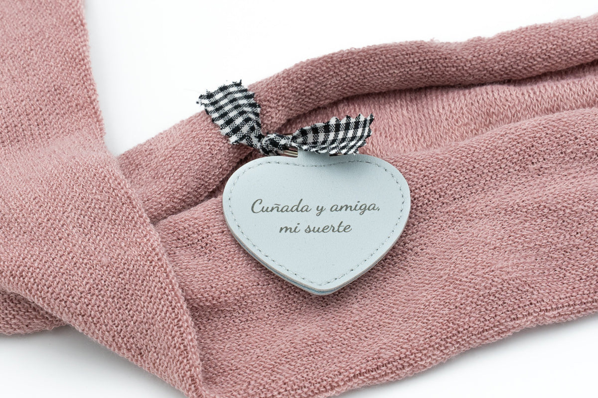 Light blue heart keyring with a caring message and black gingham bow.