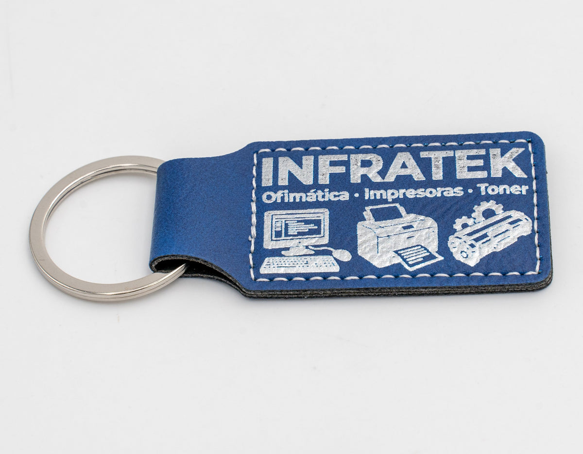 Blue rectangular keyring with a light logo and office motifs.