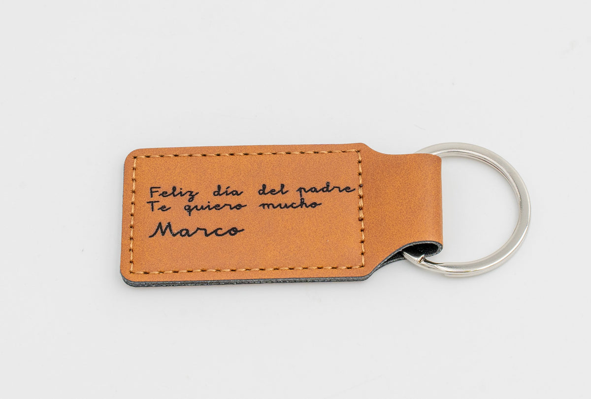 Brown rectangular keyring with a Father's Day dedication.
