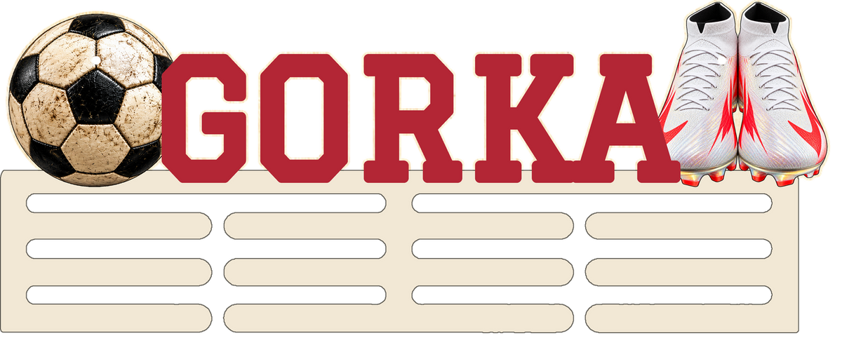 GORKA football medal holder with ivory bars, ruby lettering and white/crimson boots, in plain colour