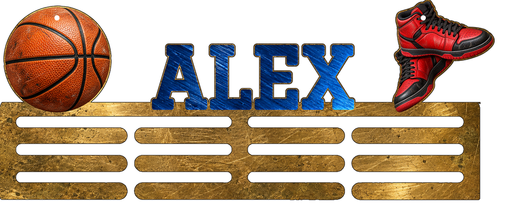 Personalised basketball medal holder in colour with name and antique gold effect base