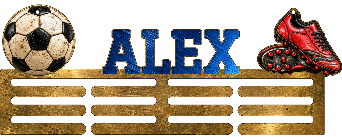 Personalised football medal holder in colour with name and antique gold effect base