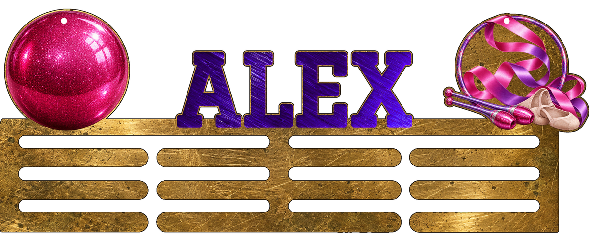 Personalised rhythmic gymnastics medal holder in colour with name and antique gold effect base