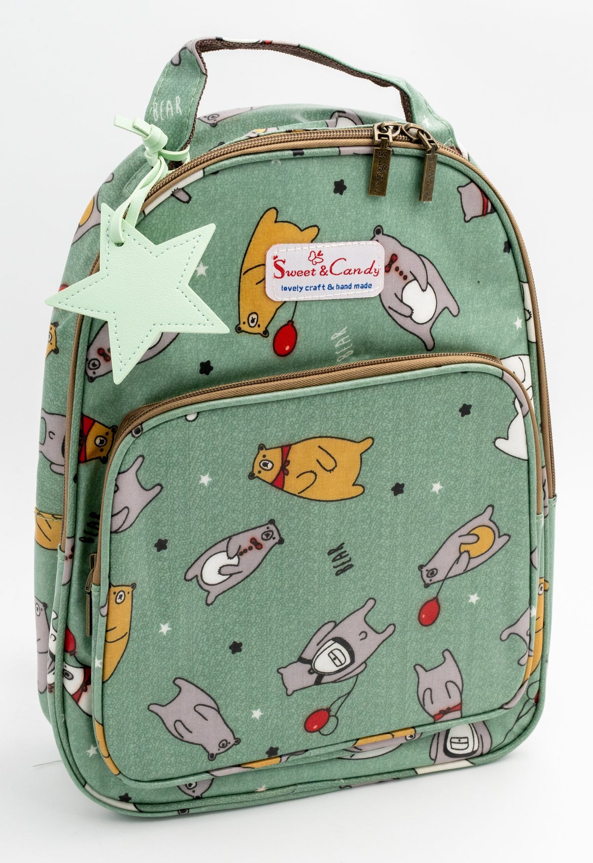 School backpack Mod 3 in green with an animal print and a green star charm