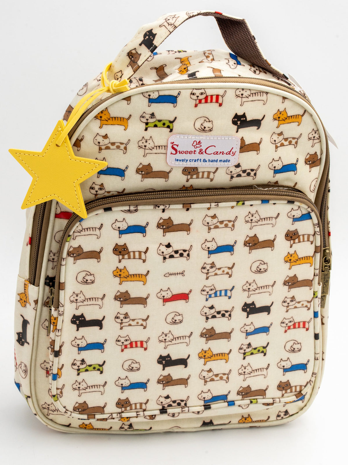 School backpack Mod 4 in cream with a dachshund print and a yellow star charm
