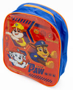 Red and blue backpack with Chase, Marshall and Rubble from Paw Patrol on the front