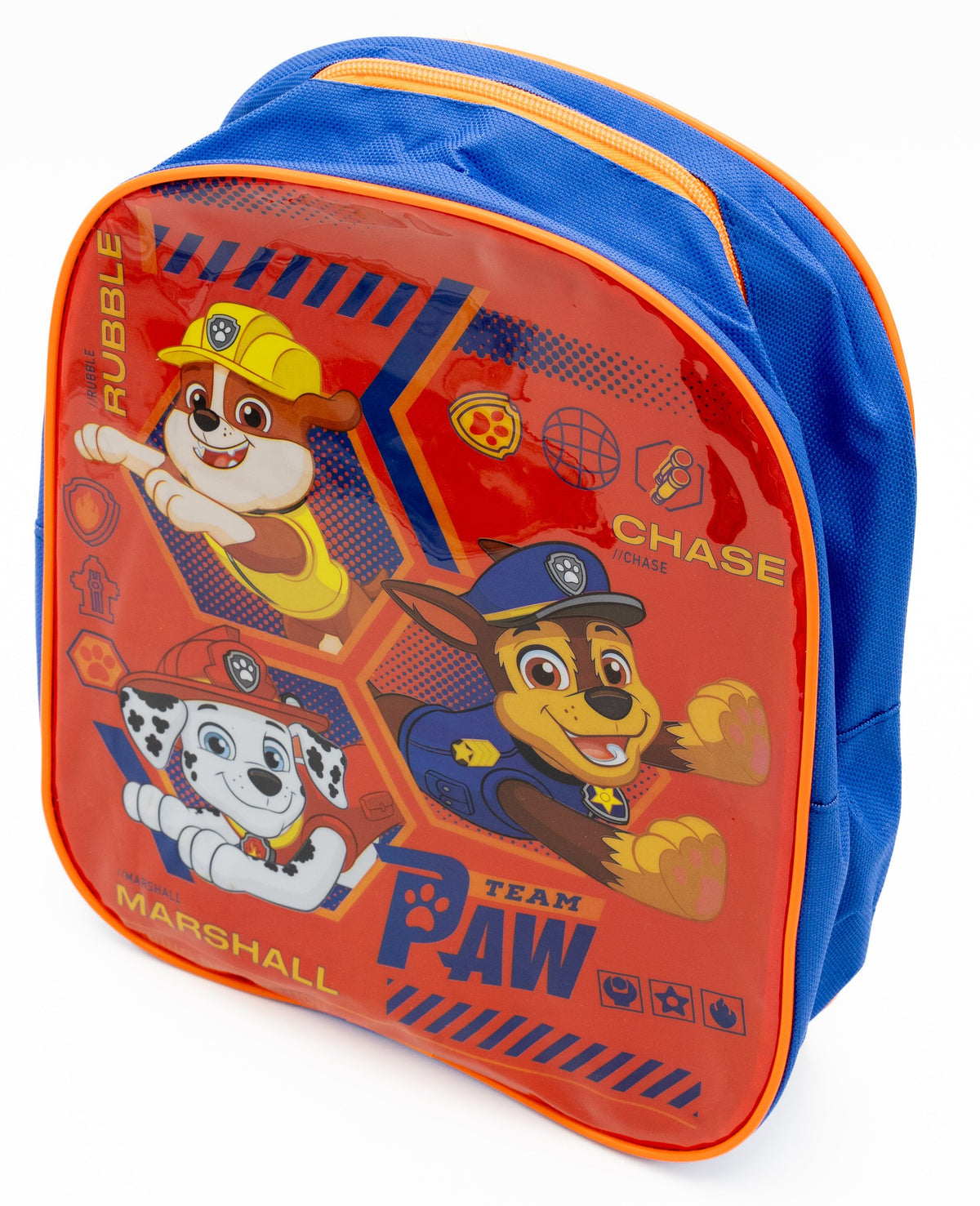 Red and blue backpack with Chase, Marshall and Rubble from Paw Patrol on the front