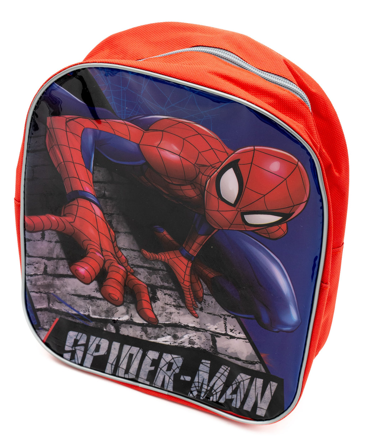 Red Spiderman backpack with a shiny front panel and grey top zip