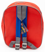Back of a red children's backpack with blue shoulder straps and adjustable grey straps