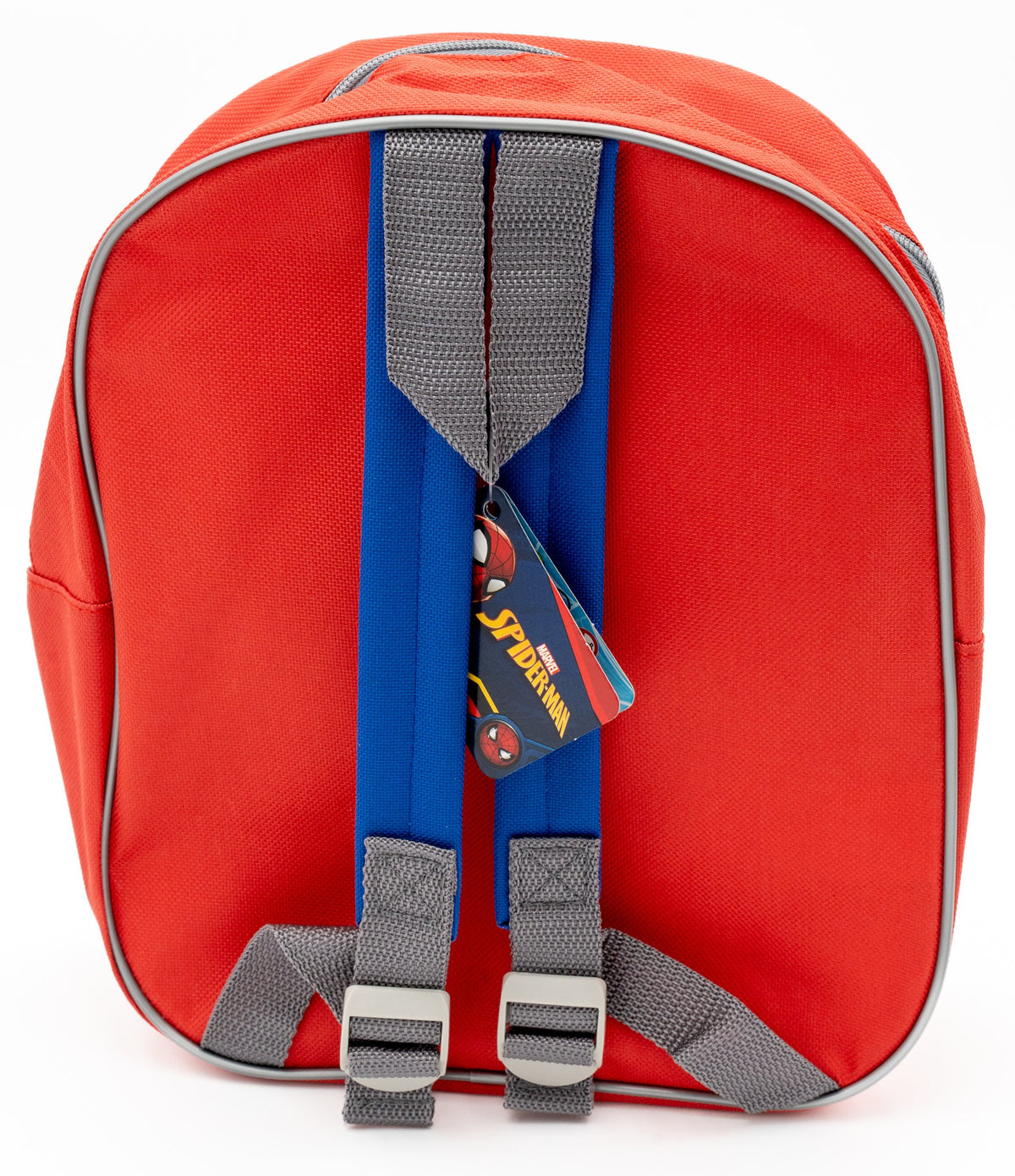 Back of a red children's backpack with blue shoulder straps and adjustable grey straps