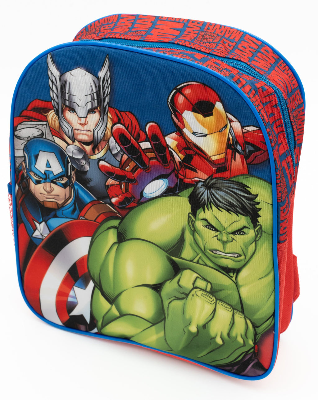Blue Avengers backpack with Thor, Iron Man, Captain America and Hulk on the front
