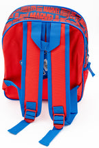 Red back of a school backpack with adjustable blue straps and a top handle