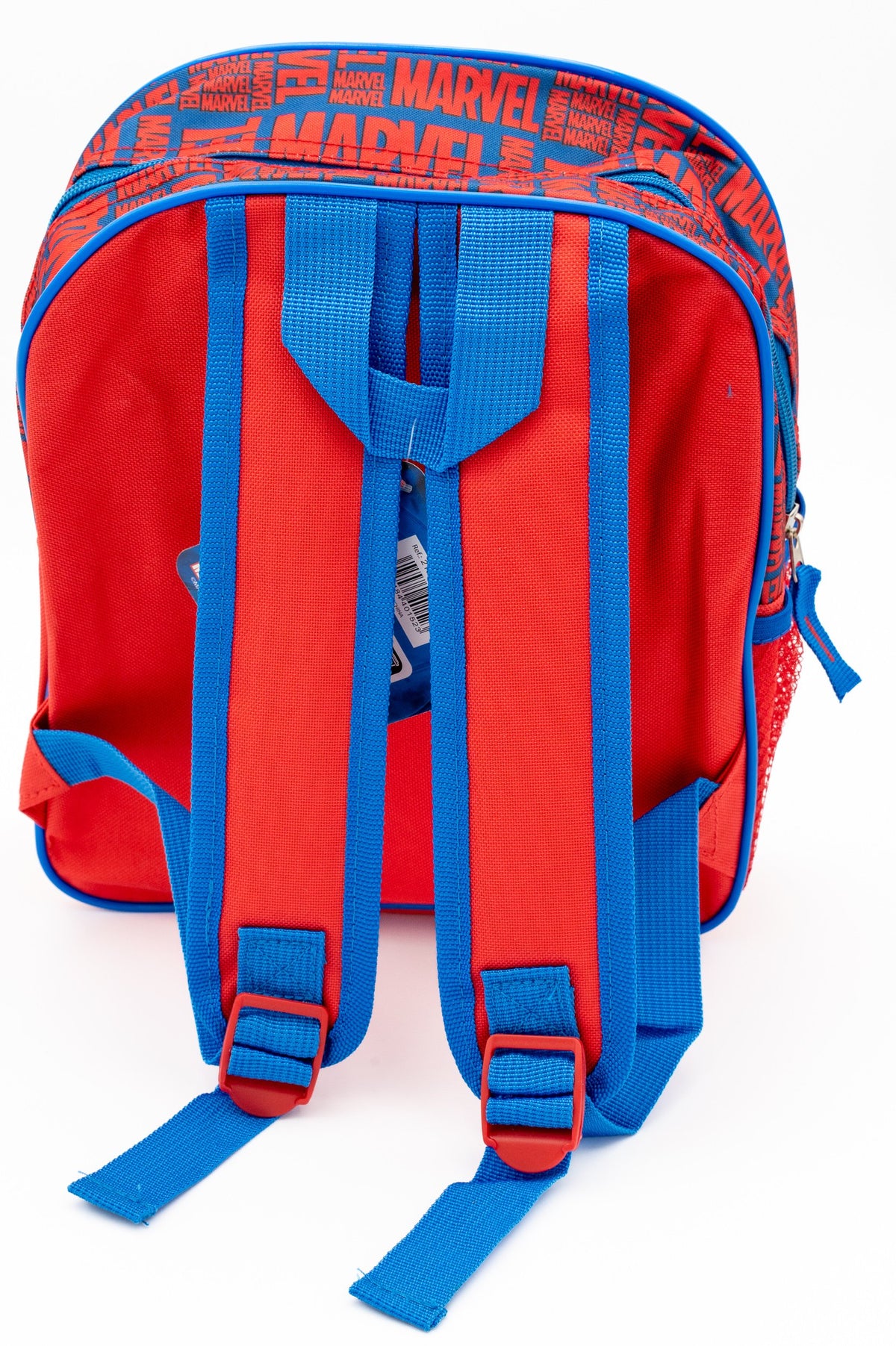 Red back of a school backpack with adjustable blue straps and a top handle