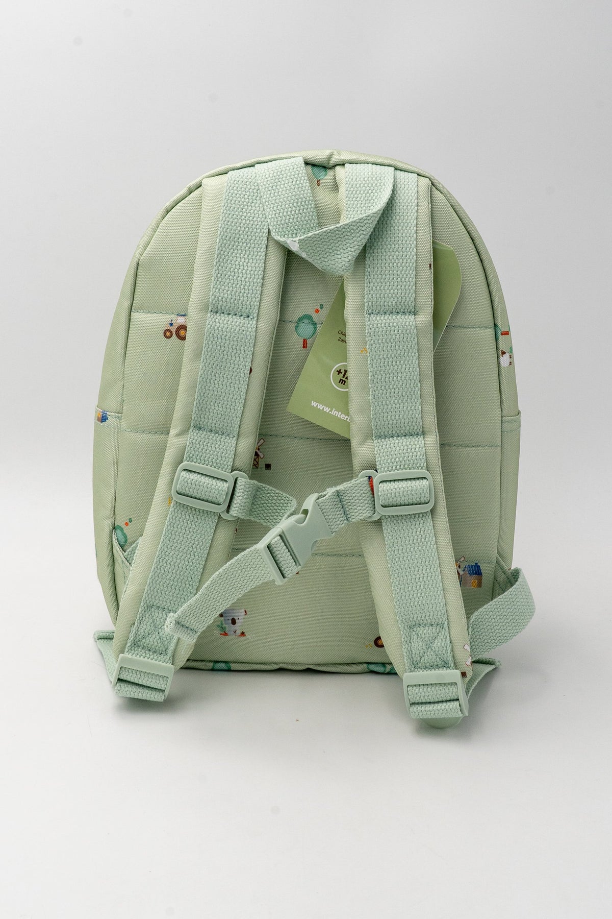 Rear of the green children's backpack with two adjustable straps and a front buckle strap