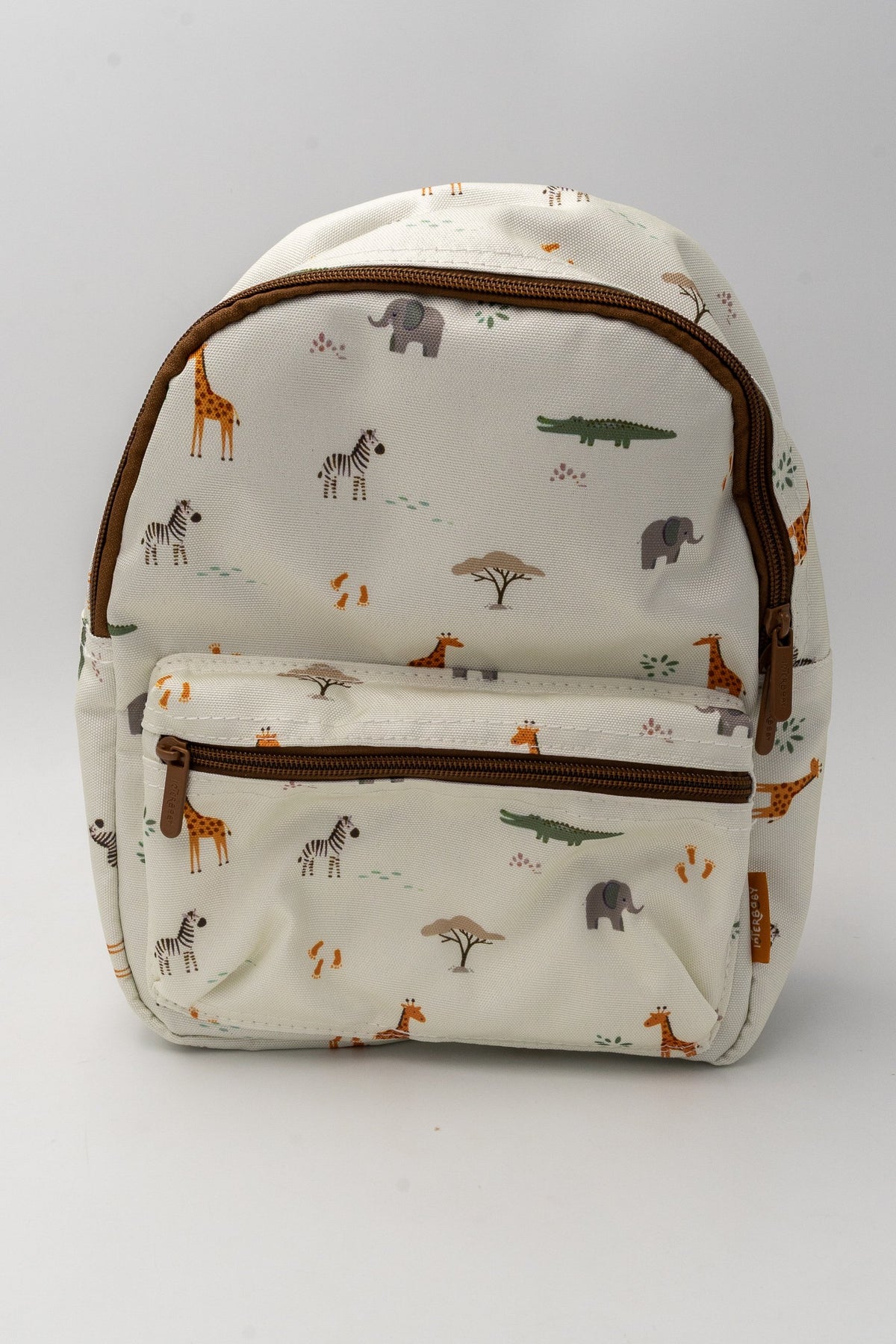 White children's backpack viewed from the front with animals, brown details and an external zipped pocket