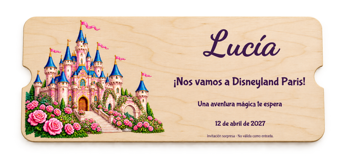 Digital simulation of an illustrated Disneyland Paris invitation on plywood; the physical appearance may vary.