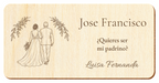 Simulation of a wedding sponsor plaque, laser engraved on plywood, scene Walking to the altar, Jose Francisco and Luisa Fernanda, figures seen from behind without visible faces.