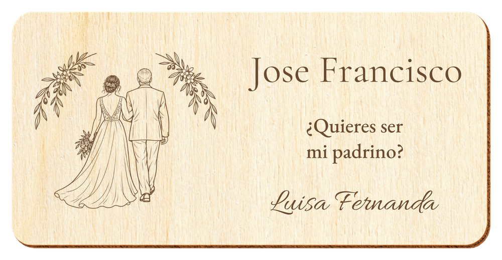 Simulation of a wedding sponsor plaque, laser engraved on plywood, scene Walking to the altar, Jose Francisco and Luisa Fernanda, figures seen from behind without visible faces.