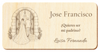 Simulation of a wedding sponsor plaque, laser engraved on plywood, scene Entering the church, Jose Francisco and Luisa Fernanda, figures seen from behind without visible faces.