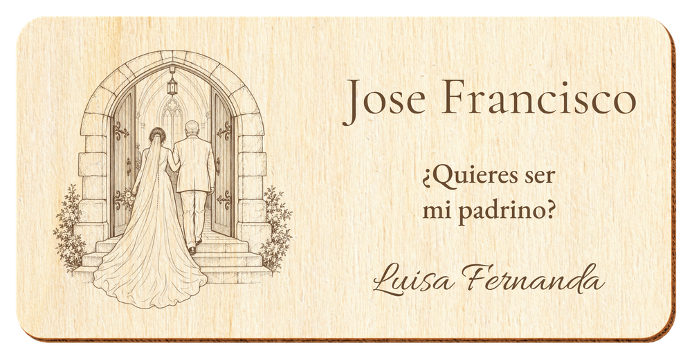 Simulation of a wedding sponsor plaque, laser engraved on plywood, scene Entering the church, Jose Francisco and Luisa Fernanda, figures seen from behind without visible faces.
