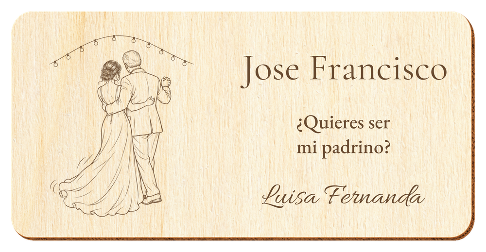 Simulation of a wedding sponsor plaque, laser engraved on plywood, scene The first dance, Jose Francisco and Luisa Fernanda, figures seen from behind without visible faces.